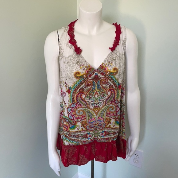 Bila Boho Paisley Peasant Ruffle Tank Top Large - Picture 1 of 7